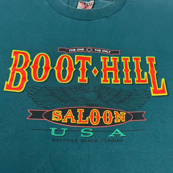 Vtg Boot Hill Saloon Mens T-Shirt Sz Large 90s Blue Green/Dark Teal Biker A7 - Picture 4 of 7